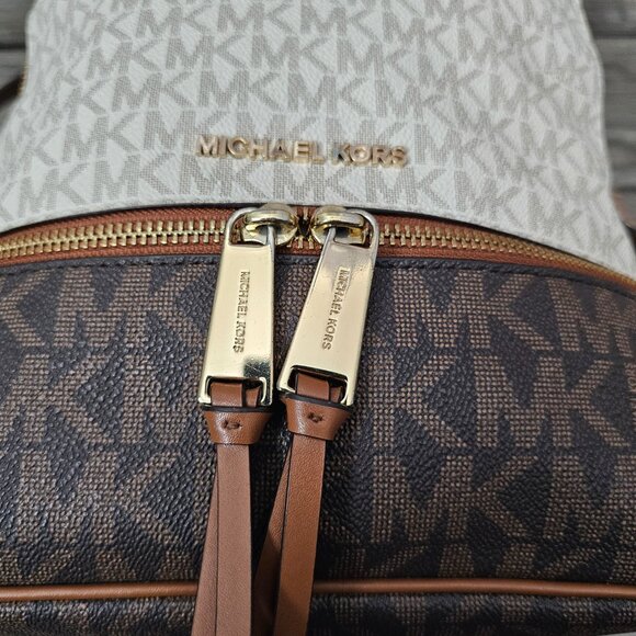 Michael Kors Rhea Medium Signature Logo Colorblock Brown Tan Backpack Bag COA - Picture 7 of 16